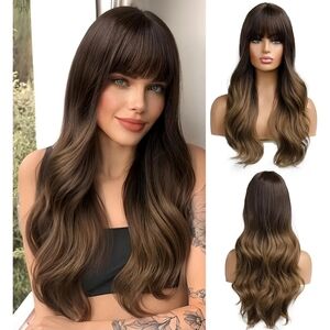 Long Wavy Ombre Brown Wigs With Bangs